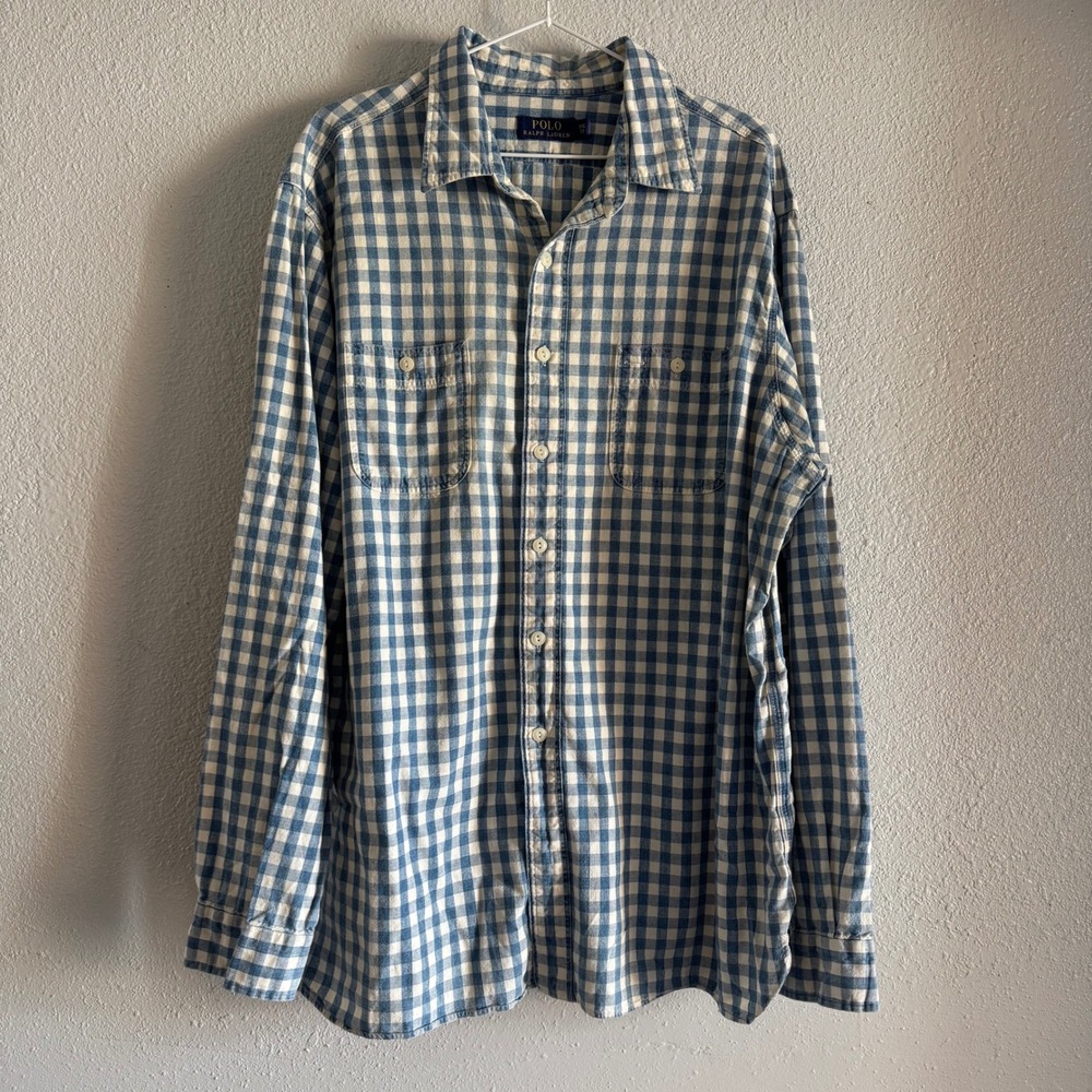 Polo Ralph Lauren Vintage Gingham Chambray button front long‎ sleeve A26
